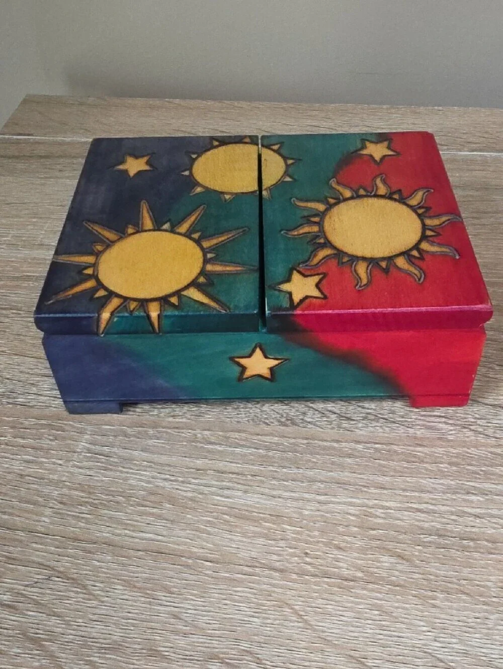 Hand-Painted Sun & Stars Wooden Trinket Box - Multicolor